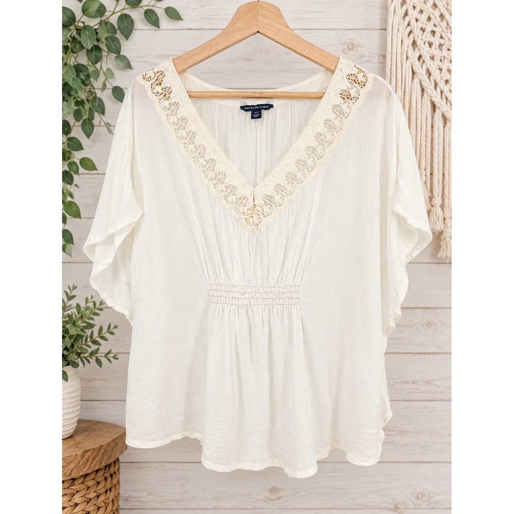 American Eagle Blouse Womens XL White Lace V-Neck Smocked Empire Waist Boho Top